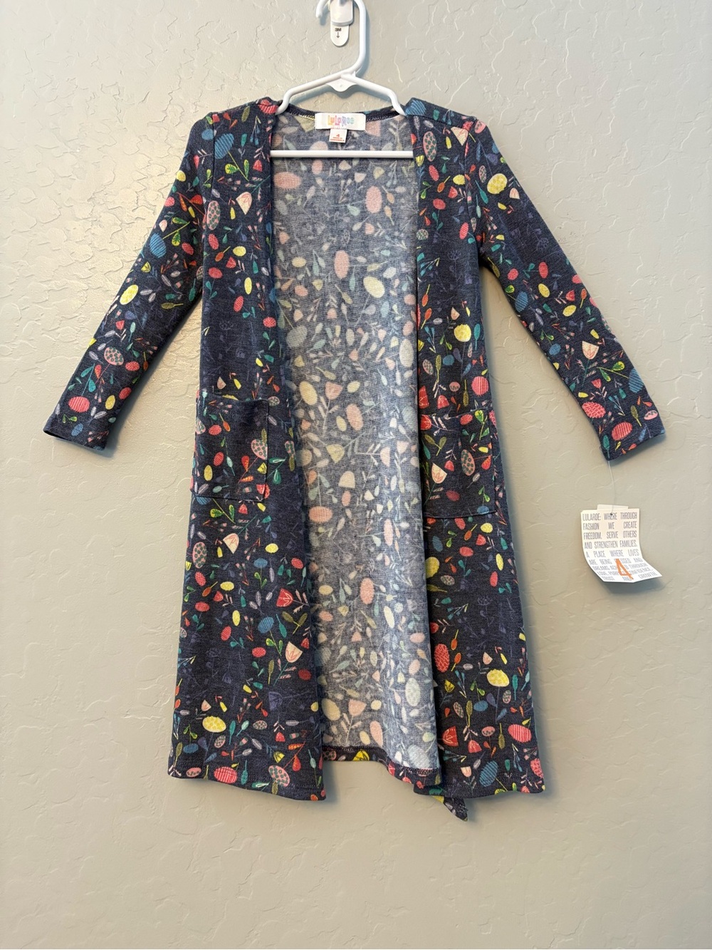Lularoe girls Sariah long cardigan blue gray leaf flower pattern size 4 NEW